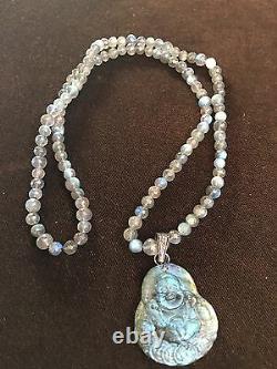 LeslieA. Designs Labradorite Bead & Carved Buddha Pendant Necklace with Diamonds