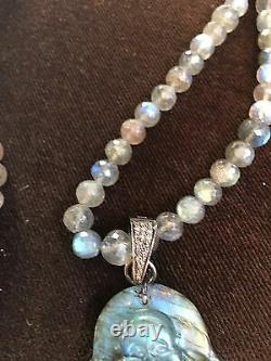 LeslieA. Designs Labradorite Bead & Carved Buddha Pendant Necklace with Diamonds