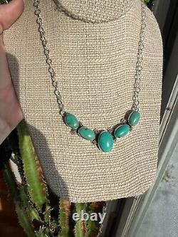 Lg Turquoise chevron chain necklace 925 Sterling silver 5 stone V bar handmade