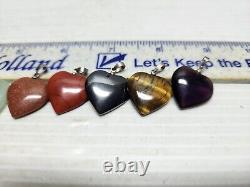 Lot Of 9 Natural Stone Polished Heart Pendants Sterling Silver Bale