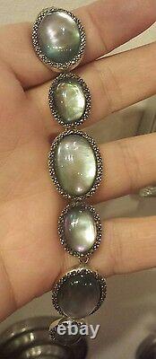 MARCASITE, Gray MOTHER-OF-PEARL & CLEAR QUARTZ Sterling Silver Bracelet STUNNING