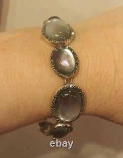 MARCASITE, Gray MOTHER-OF-PEARL & CLEAR QUARTZ Sterling Silver Bracelet STUNNING