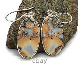 Maligano Jasper Earrings, Sterling Silver, Long Oval Shaped, Orange & Grey Gem