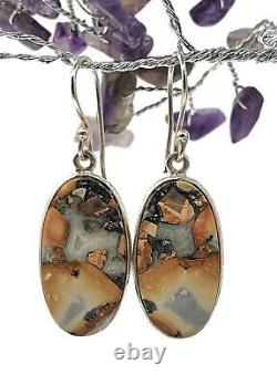 Maligano Jasper Earrings, Sterling Silver, Long Oval Shaped, Orange & Grey Gem