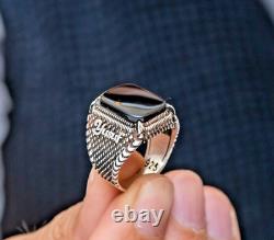 Man ring 925 sterling silver with Black Agate Stone customizable name on sides