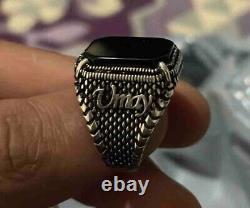 Man ring 925 sterling silver with Black Agate Stone customizable name on sides