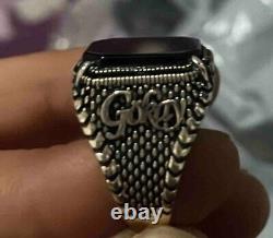 Man ring 925 sterling silver with Black Agate Stone customizable name on sides