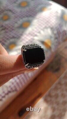 Man ring 925 sterling silver with Black Agate Stone customizable name on sides