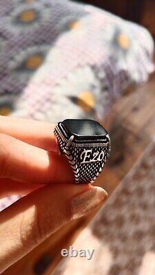 Man ring 925 sterling silver with Black Agate Stone customizable name on sides