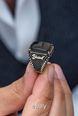 Man ring 925 sterling silver with Black Agate Stone customizable name on sides