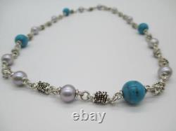 Michael Dawkins Gray Pearl & Turquoise Bead Sterling Silver Necklace 20