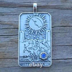 Moon Tarot Card Pendant. 925 Sterling Silver with Natural Rainbow Moonstone USA