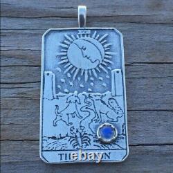 Moon Tarot Card Pendant. 925 Sterling Silver with Natural Rainbow Moonstone USA