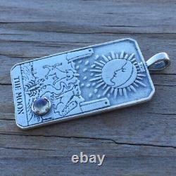 Moon Tarot Card Pendant. 925 Sterling Silver with Natural Rainbow Moonstone USA