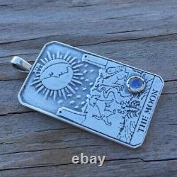 Moon Tarot Card Pendant. 925 Sterling Silver with Natural Rainbow Moonstone USA