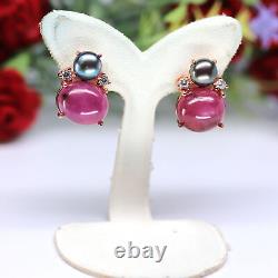 NATURAL 10 X 12 mm. CABOCHON RED RUBY & GRAY PEARL STUD EARRINGS 925 SILVER