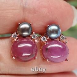 NATURAL 10 X 12 mm. CABOCHON RED RUBY & GRAY PEARL STUD EARRINGS 925 SILVER