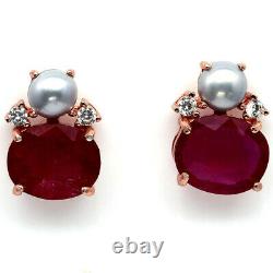 NATURAL 10 X 12 mm. RED RUBY, GRAY PEARL & CZ 925 STERLING SILVER EARRINGS