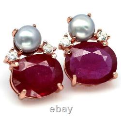 NATURAL 10 X 12 mm. RED RUBY, GRAY PEARL & CZ 925 STERLING SILVER EARRINGS
