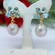 Natural 11 X 12 Mm. Gray Pearl, Sky Blue Topaz & White Cz Earrings 925 Silver