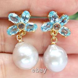 NATURAL 11 X 12 mm. GRAY PEARL, SKY BLUE TOPAZ & WHITE CZ EARRINGS 925 SILVER
