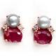 Natural 6 X 8 Mm. Oval Red Ruby, Gray Pearl & Cz Earrings 925 Sterling Silver