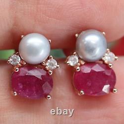 NATURAL 6 X 8 mm. OVAL RED RUBY, GRAY PEARL & CZ EARRINGS 925 STERLING SILVER