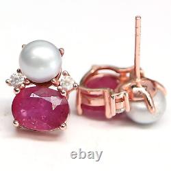 NATURAL 6 X 8 mm. OVAL RED RUBY, GRAY PEARL & CZ EARRINGS 925 STERLING SILVER