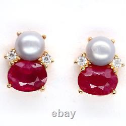 NATURAL 6 X 8 mm. RED RUBY, GRAY PEAR & CZ EARRINGS 925 STERLING SILVER