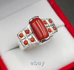 Natural Coral Ring Red Coral Mens Heavy Ring Sterling Silver 925 Marjan Ring