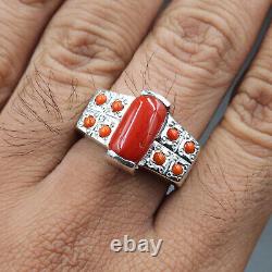 Natural Coral Ring Red Coral Mens Heavy Ring Sterling Silver 925 Marjan Ring