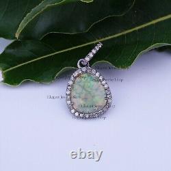 Natural Diamond and Opal Pendant 925 Gray Silver Handmade Gemstone Jewelry Gifts