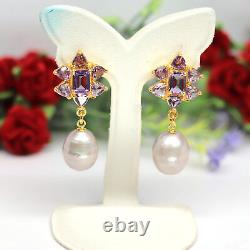 Natural Gray Baroque Pearl & Pink Amethyst Drop Earrings 925 Silver