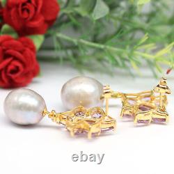 Natural Gray Baroque Pearl & Pink Amethyst Drop Earrings 925 Silver