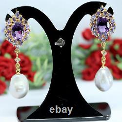 Natural Gray Pearl & Purple Unheated Amethyst Earrings 925 Silver