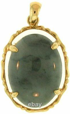 Natural Grey Jadeite Jade Oval Pendant 14K Yellow Gold 4 Prong Setting with Bamboo