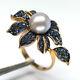 Natural Heated Blue Sapphire & Gray Pearl Flower Ring 925 Sterling Silver