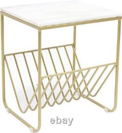 Natural Marble Top Side/End Coffee Table Grey Magazine Rack Gold Metal Frame