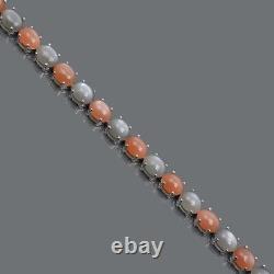 Natural Pink & Gray Moonstone Oval Gemstone 925 Sterling Silver Tennis Bracelet