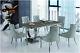 Natural Stone Dining Table Stainless Steel Base Six Grey Velvet Fabric Chairs