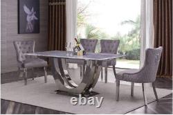 Natural Stone Dining Table Stainless Steel Base Six Grey Velvet Fabric Chairs