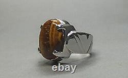 Natural Tiger Eye Agate 925 Sterling Silver Handmade Men Ring Brown Aqeeq Ring