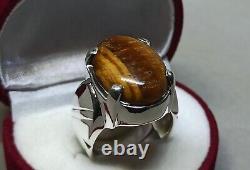 Natural Tiger Eye Agate 925 Sterling Silver Handmade Men Ring Brown Aqeeq Ring