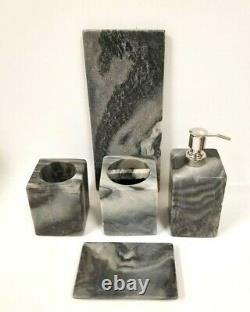 New 5 Pcs Gray Natural Marble Stone Soap Dispenser, Dish, Tumbler, Tray, Toothbrush