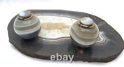 Old Vintage Natural Grey-Blue-White Agate Stone Carved Double Inkwell