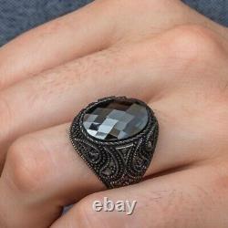 Oval Black Zircon Natural Stone 925 Silver Men's Ring Handmade Men's Jewelry