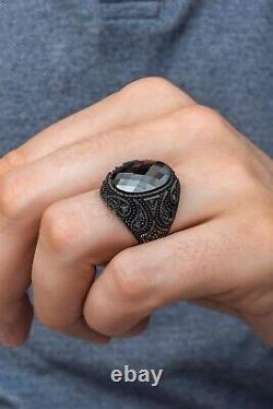 Oval Black Zircon Natural Stone 925 Silver Men's Ring Handmade Men's Jewelry