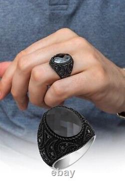 Oval Black Zircon Natural Stone 925 Silver Men's Ring Handmade Men's Jewelry