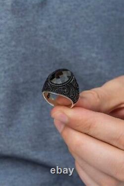 Oval Black Zircon Natural Stone 925 Silver Men's Ring Handmade Men's Jewelry