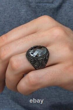 Oval Black Zircon Natural Stone 925 Silver Men's Ring Handmade Men's Jewelry